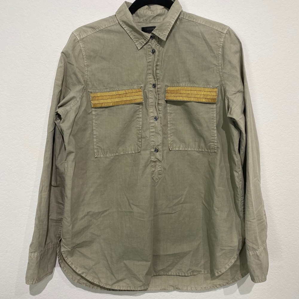 J Crew Army Green Popover Gold Chevron Beading
